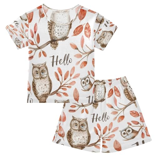 senya Short Sleeve Pajamas Sets Summer Cotton Sleepwear Watercolor Owls with Word