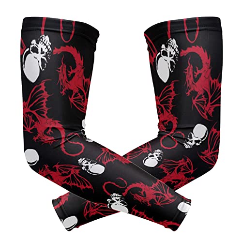 Seamless White Skull and Red Wing Flying Dragon on Dark Black 1 Pair Cooling Sports Arm Sleeves, Cover Uv Sun Protection Warmer for Sports Men Women Running Golf Cycling Riding Jogging