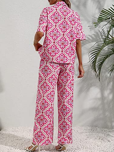 Greciilooks Women Co Ord Set| Knot Front Shirt & Wide Leg Pants| Allover Print Shirt & Bottom| Long Sleeve Shirt| Straight Printed Pant| Women Two-Piece Outfits| Summer Wear (Xs, Pink)