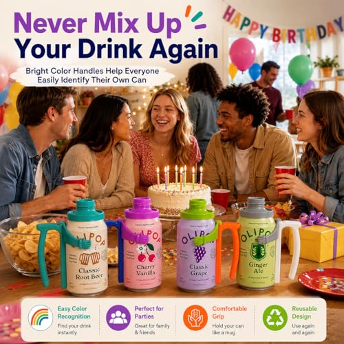 Image of ORIGINAL CREATOR - DIPESI Soda Can Lids and Holders for 12oz Cans - 2 Can Covers + 2 Can Holder with Handle - For Soda, Beer, Pop - Easy to Hold, Leak-Free