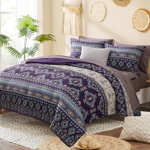 Image of Geniospin Queen Comforter Set - 7 Pieces Bedding Set, Boho Bed in A Bag, Lightweight Soft Aztec Bedding, All Season Bed Comforter Set with Sheets, Pillowcases & Shams