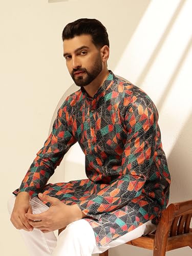 Image of SOJANYA (Since 1958 Men's Cotton Linen Abstract Printed Kurta with White Pyjama