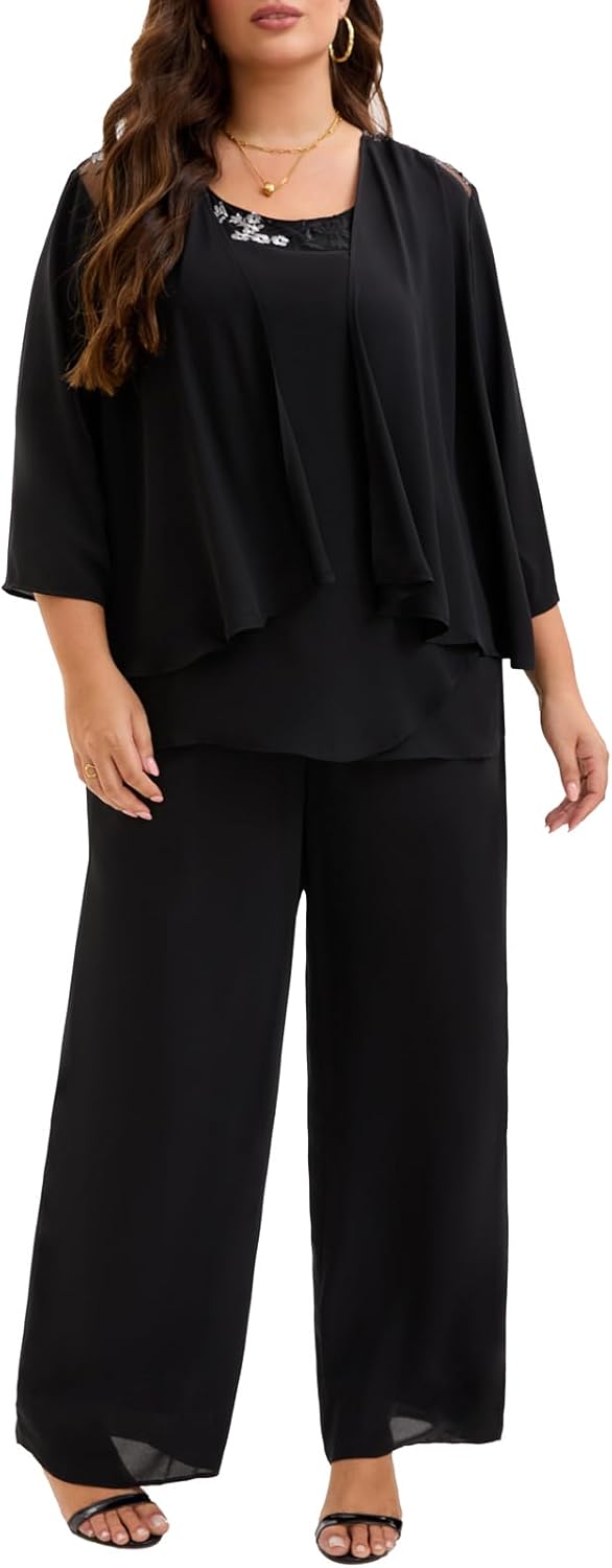 Plus Size Mother of Bride 3 Piece Chiffon Pantsuit Embroidered Lace Sequins Wedding Guest Formal Evening Attire