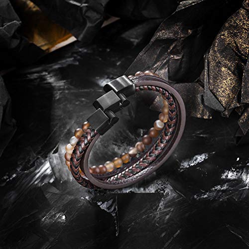 Murtoo Mens Bead Leather Bracelet, Natural Bead, Steel And Leather Bracelet For Men Christmas Gift (Brown Bead) #TOP2