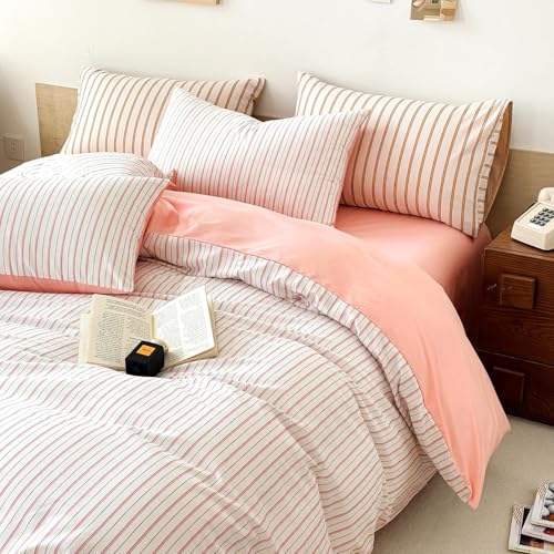 Image of EAVD Pink White Striped Duvet Cover Twin Soft 100% Cotton Pink Vertical Ticking Stripes Bedding Set with 2 Pillowcases Modern Geometric Pattern Duvt Cover with Zipper Closure