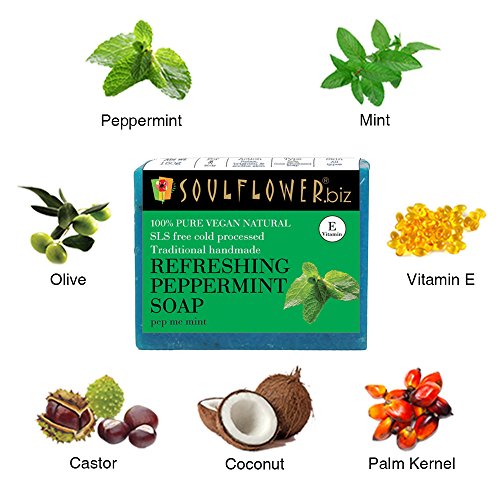 Image of Soulflower Peppermint Soap Handmade, 100% Pure, Natural & Cold processed Grade 1 BIS Standard Premium & Luxurious Soap with Essential Oils, Exotic Herbs & Aroma, 150g