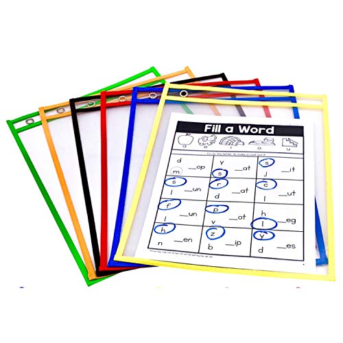 PDX Reading Specialist Dry Erase Pocket Sleeves - 6 Assorted Colors - Oversized Plastic Sheet Protectors - Great for Teachers, School, Home & Office, Shop Tickets and More