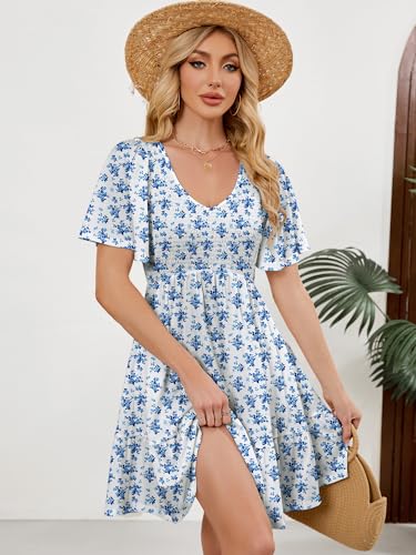 Image of UEAL Womens Cute Floral Smocked V Neck Flutter Sleeve Sundress with Pockets Casual Spring Summer Dresses for Women 2026