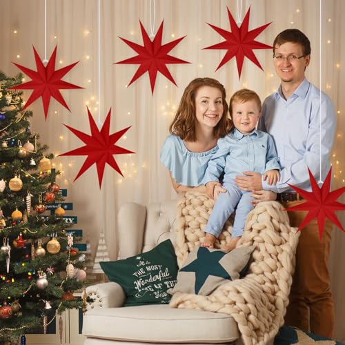Image of 5 PCS 12 Inch Red Paper Star Lanterns - Modern Hanging Ornaments for Christmas & Home Decor