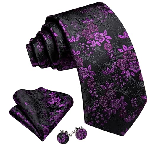 Image of Barry.Wang Flower Ties for Men Handkerchief Cufflinks Set Wedding Necktie Set Party