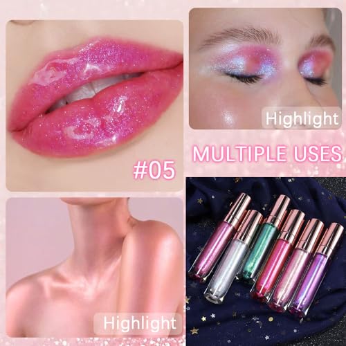 Image of evpct 1Pcs Blush Red Pearlescent Chameleon Shimmer Glitter Lipstick Lip Gloss, Long Lasting Waterproof Glitter Metallic Sparkly Glossy Lip Gloss Tint Liquid Lipsticks Set Lip Stain Makeup for Women