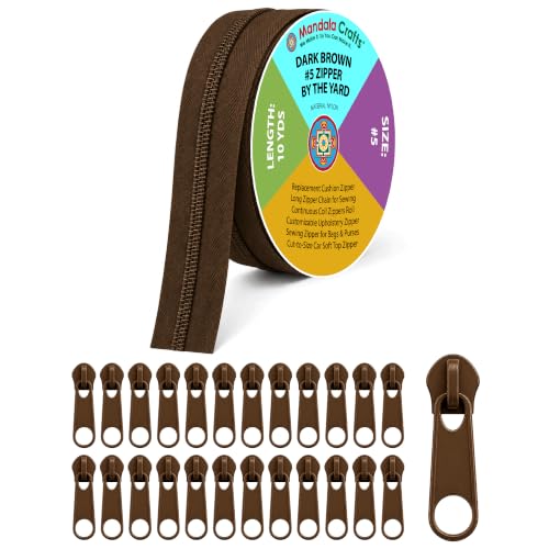 Mandala Crafts #5 Dark Brown Nylon Zippers by the Yard with 25 Pulls