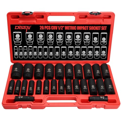DISEN 26 Pcs Metric 1/2" Impact Socket Set, Deep Sockets Set Impact, 6-Point,Cr-V,Rugged Construction 1/2 Inches Drive Socket 10mm - 36mm, with a Storage Cage