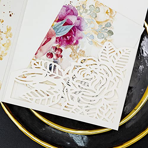 Builcker Laser Cutting Invitation Card Greeting Card Graduation Party Rose Flower Wedding Birthday Party Invitations Invitation Pocket With Envelope (White) #TOP7