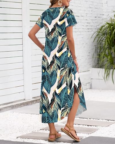 Image of MISFAY Women's Summer Maxi Dress 2026 Casual Short Sleeves V Neck Loose Sundress Split Long Beach T Shirt Dress