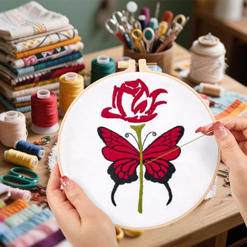 Image of Butterfly Rose Embroidery Kits for Beginners Adults, Valentine's Day Hand Embroidery Kits, Cross Stitch Kits for Adult Anniversary Valentine's Gifts, Entire Set of Embroidery Supplies & Video Tutorial