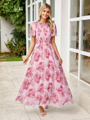 Image of Simplee Womens Casual Floral Summer Maxi Dress 2026 Boho Flowy Short Sleeve Crew Neck Vacation Smocked Chiffon Dresses