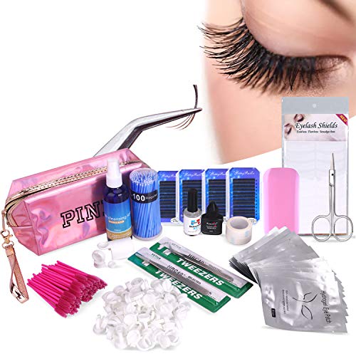 18 in 1 Eyelash Extension Kit, mcwdoit C Curl Eyelash False Lashes Strip Graft Glue Tweezers Kit Lint-free Eyelashes Under Patch Pad Eyelash Brush Cotton Swabs Cup Rings Bag Set