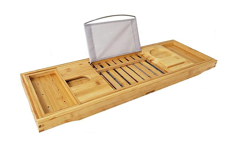 HUOLE Plateau Extensible pour Salle de Bain, Plateau de Baignoire en Bambou Naturel, Support pour Serviette de Bain, Verre à vin, étagère de Lecture, Support pour Tablette, 70-105cm