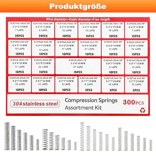 300 Stück federn, Druckfedern Sortiment Kit mit 23 Größen, 304 Edelstahl Kleine Federn Set für Mechanische Reparaturen, Automobil und Haushalt