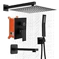 POPFLY Matte Black Shower System - 10 Inch Square Rainfall Shower Head & Handheld Spray Combo, Wall Mounted High Pressure Faucet Set with Brass Valve, Shower Hose & Trim Kit