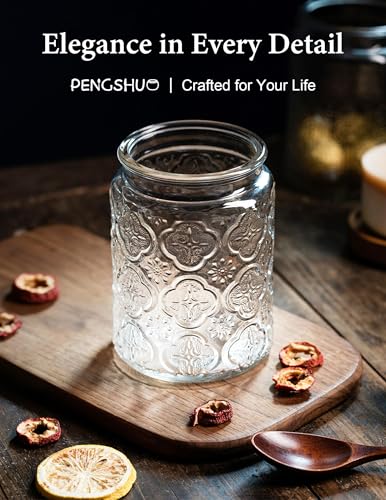 PENGSHU Vintage Glass Jar with Wood Lid - Christmas Airtight Canisters for Kitchen Countertop Bathroom, Storage Candy, Cookie, Coffee, Apothecary, Sugar, Flour,Pet Treat (Begonia, 24oz/700ml)