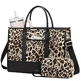 LOVEVOOK Laptop Tote Bags for Women Canvas Work Bag 15.6 inch Large Professional Teacher Purse Lightweight Computer Bag Briefcase Business Office, Leopard-black