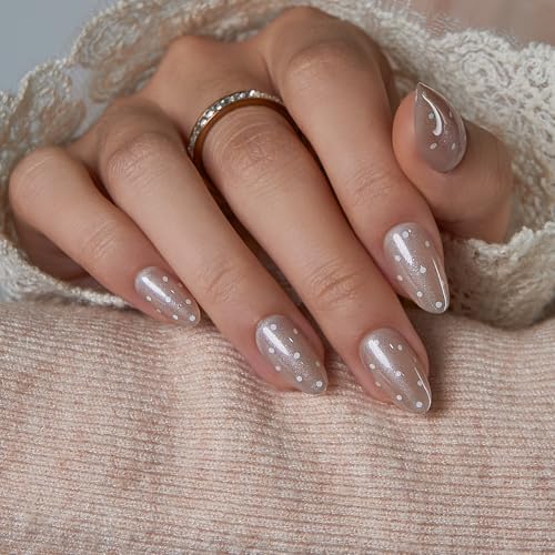 CurvLife Pearl Shimmer Almond Press On Nails Short for Women, Nud...