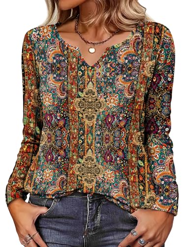 Zeagoo Womens Long Sleeve V Neck Shirts Dressy Casual Tops Vintage Ethnic Blouse Business Work Tunic School Outfits XXL2