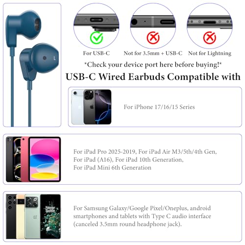 APETOO USB C Headphones for iPhone 17 16 15 Pro Max/iPad Air Earbuds Blue