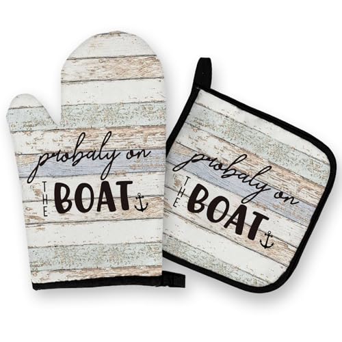 OHSUL Lake House Gifts Oven Mitts and Pot Holders Sets, Lake House Nautical Kitchen Decor Accessories, On The Boat Rustic Lake Themed Heat Resistant Oven Gloves Hot Pads for Kitchen Cooking Baking