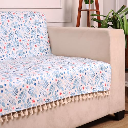 STITCHNEST Quilted Velvet Sofa Cover with Tassels – 48x60 Inch, Blue Floral Print on Ivory Base, Soft & Elegant, Washable Sofa Protector for 2-Seater