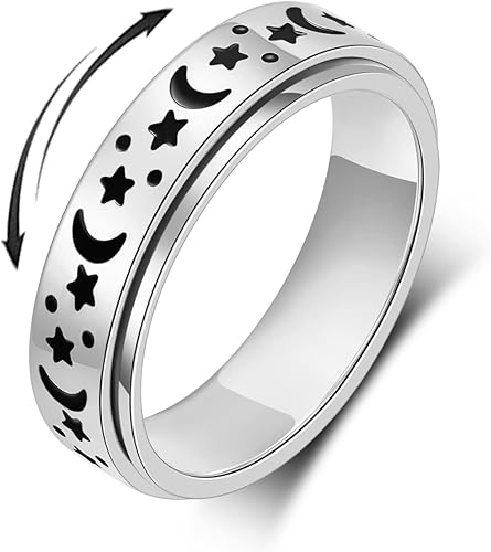 OreilleStar - Anillo de ansiedad para mujer, artículos para aliviar la ansiedad, anillos giratorios para la ansiedad, anillos plateados de luna y