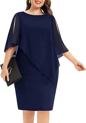 Pinup Fashion Plus Size Dresses for Wedding Guest - Women Cape Cocktail Party Chiffon Overlay Pencil Dress