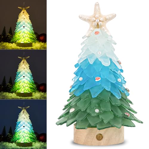 Sea Glass Christmas Tree - Handcrafted Mini Christmas Tree with LED Lights, Green Gradient Color, Ideal for Christmas, New Year, Coastal Holiday Decor, Versatile Home Decor
