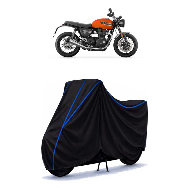 Image of Triumph Speed Twin Bike Cover Water Resistant Universal Motorcycle Rain | Heavy Duty UV Protection, Dust, Scratch Indoor Outdoor All Weather with Black Blue Piping Elastic