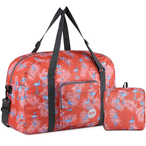 Wandf Foldable Travel Duffel Bag Carryon Luggage Sports Gym Weekend Tote Bag Water Resistant Nylon for Women (Flamingo H)