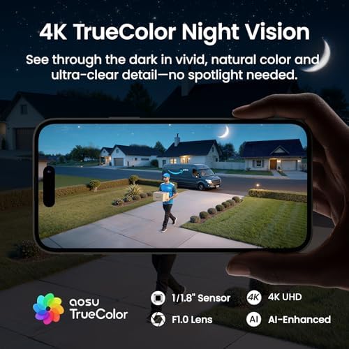 aosu T2 Ultra 4K Solar Security Cameras Wireless Outdoor, 4-Cam Kit with aosuBase, Home Security Camera System with TrueColor Night Vision, AI Detect Track, 360°Pan&Tilt, Expandable 1TB Local Storage - 1