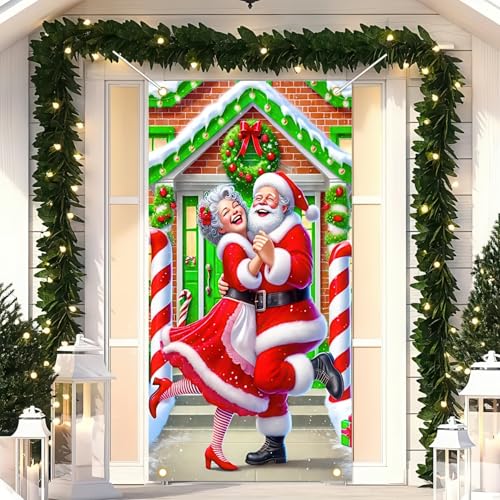 Image of BlissYard Christmas Door Cover 71x35 Inch Santa and Mrs Claus Dancing Door Banner Festive Holiday Decoration for Porch Entrance Winter Party Photo Backdrop Indoor Outdoor Christmas Wall Decor