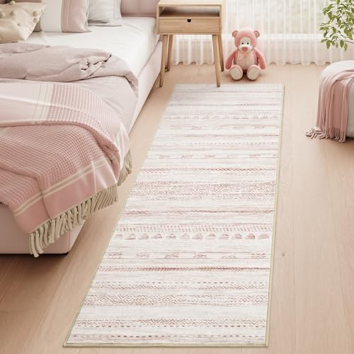2x8 Pink Runner Rug Machine Washable Non Slip Area Rug Distressed Neutral Moroccan Boho Rug Ultra Soft Floor Runners for Hallways for Entryway Laundry Room Kitchen