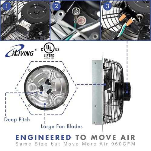 image for iLiving 12-Inch Wall Mounted Exhaust Fan with Variable Speed, 960 CFM,