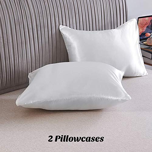 Soft Silk Like Satin Perfect Oversize King Size White 4 Piece Duvet Cover Set ( Duvet Cover + Fitted Sheet 21'' + 2 Pillow Cases ) Luxury Satin Zipper Closure Soft Comforter Protector #TOP4