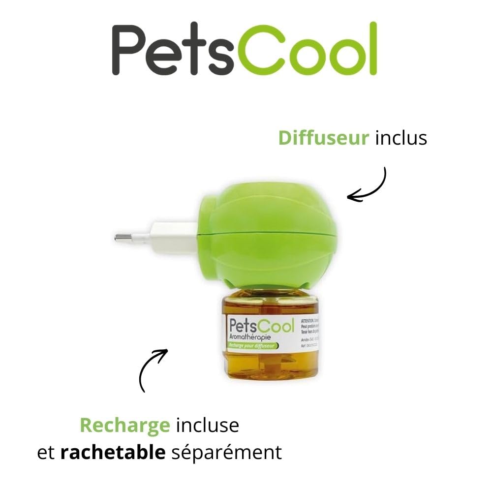 Anidev PetsCool Diffuseur apaisant Multi espèces + Recharge 40 ML Anti Stress Chien Chat NAC Huiles essentielles valériane vétiver Sauge Basilic Diffusion Continue 8 semaines