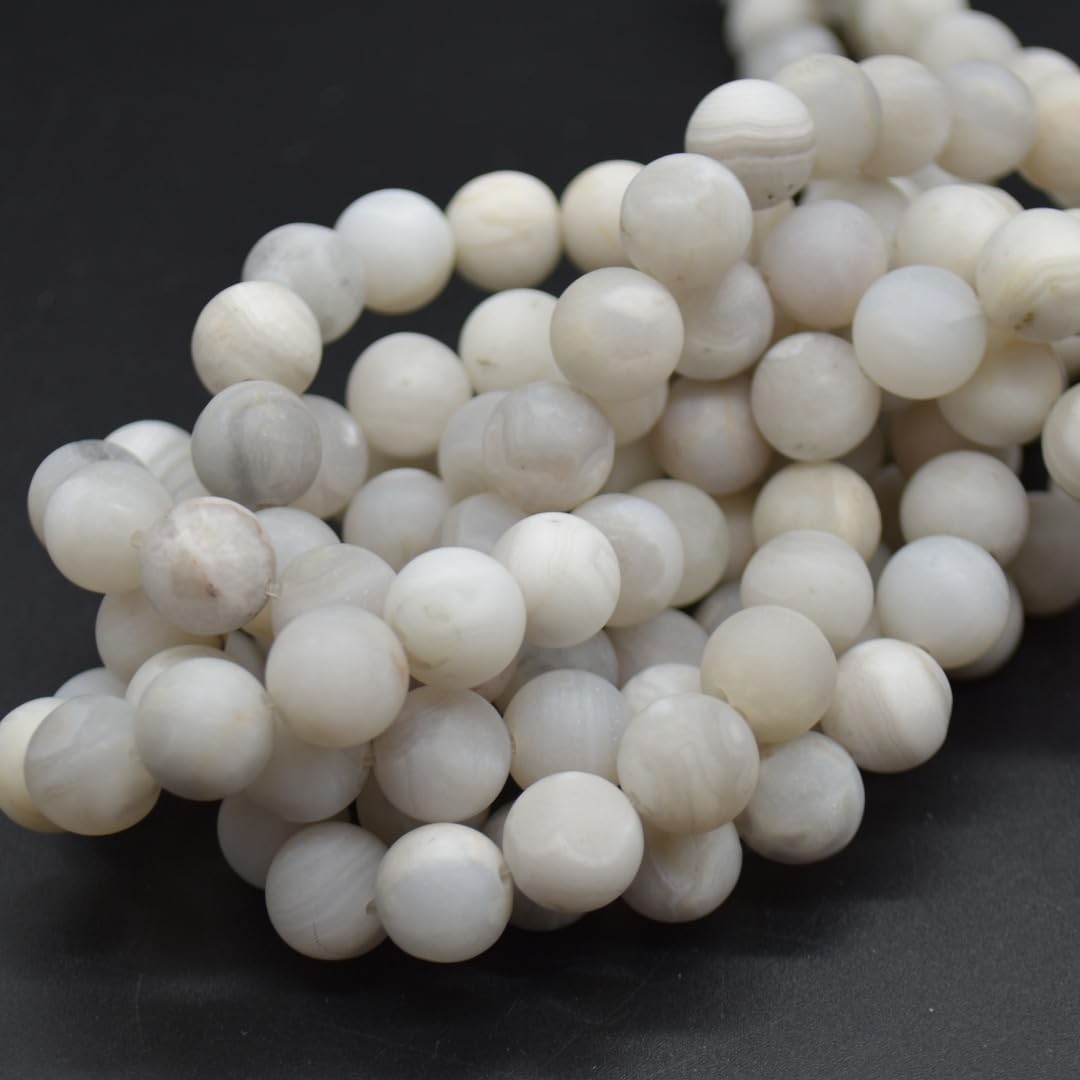 White Lace Agate Matte/Frosted Gemstone Round Beads - 10mm - 15'' Strand