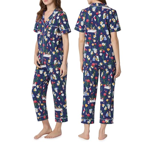 Image of Bed Head PJs Womens Matching Pajamas - Soft Organic Cotton Button Down PJ Shirt & Cropped Pants Set - Loungewear & Sleepwear