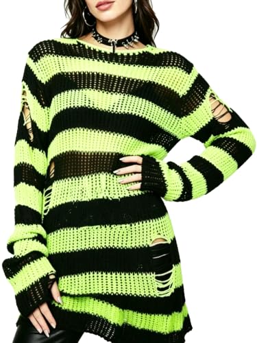Image of Goth Y2K Striped Sweater Grunge Ripped Punk Gothic Sweaters for Women