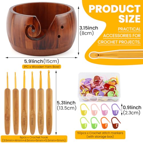 Image of Yarn Bowl Holder, Wooden Knitting Bowl with 6pcs Crochet Hooks, 50pcs Crochet Stitch Markers, Large Yarn Holder Dispenser for Mom & Knitting Lovers