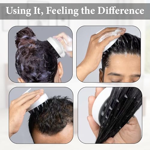 Image of GLUN Anti-Dandruff Round White Scalp Massager with Elastic Closing Zed Black Hair Bonnet Cap with 3 Satin Scrunchies Combo, Treatment Accessories for Hairs