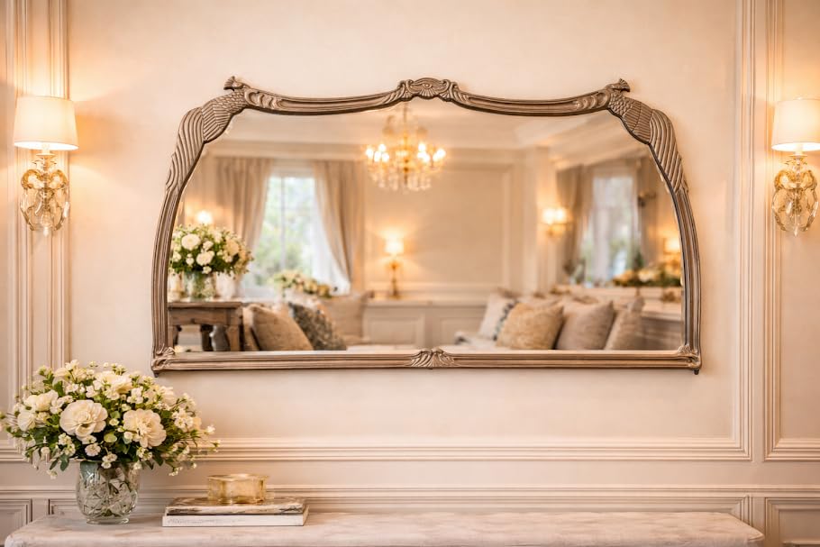Image of Vintage Brass Decorative Wall Mirror Hand Casted Frame for Bedroom Bathroom Kitchen Wall Decor 40x24 (Brass Antique)