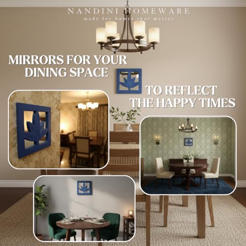 Image of Nandni Homeware Handcrafted Traditional Blue Leaf MDF Wooden Jharokha Wall Art with Mirror Work | Boho Vintage Style Decorative Wall Hanging for Living Room, Bedroom & Home Interiors (Blue Leaf)
